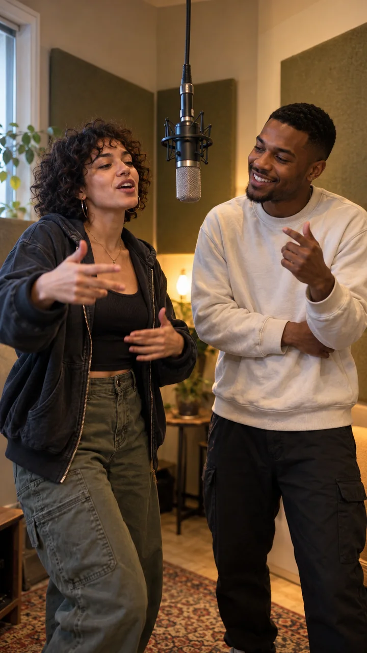 Two friends sharing a microphone in a warmly lit recording booth